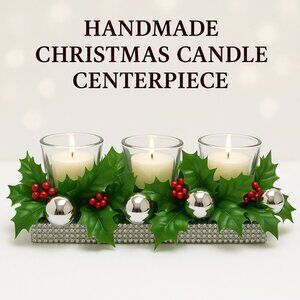 Christmas Holly & Silver Ornament Triple Candle Holder Centerpiece